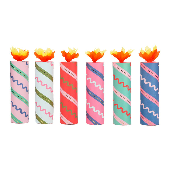 Birthday party crackers shaped like colorful striped candles, set of 6
