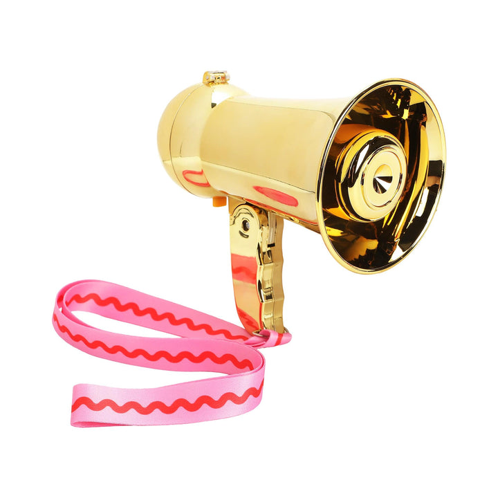 Gold megaphone with pink rickrack strap, shown from the other side
