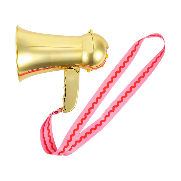 Side view of the gold party megaphone with the rickrack strap looped