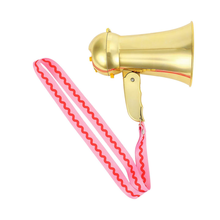 Gold megaphone angled to show the handle and trigger