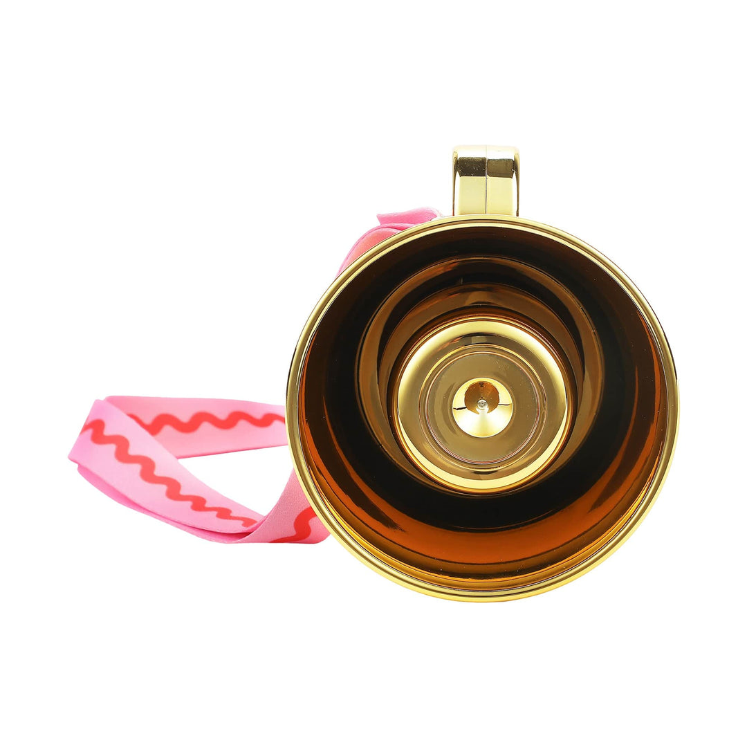 Front view into the bell of the gold party megaphone