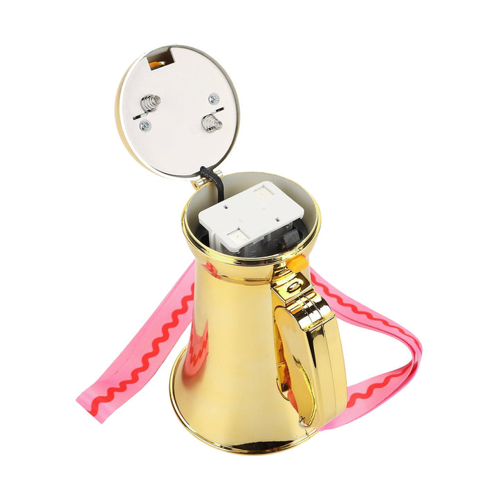 Gold megaphone with the back panel open to show the battery compartment