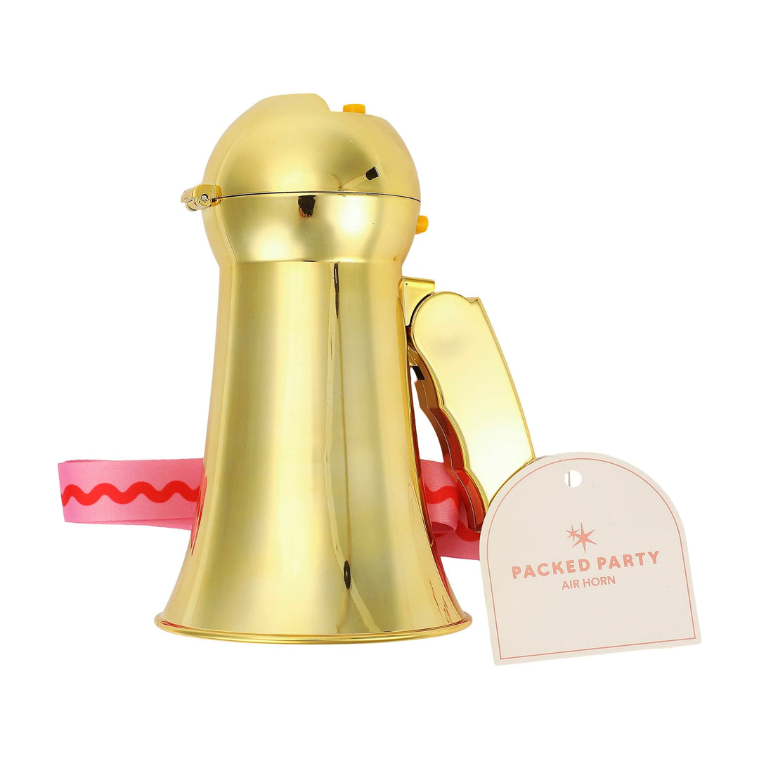 Gold megaphone standing upright with a Packed Party hang tag