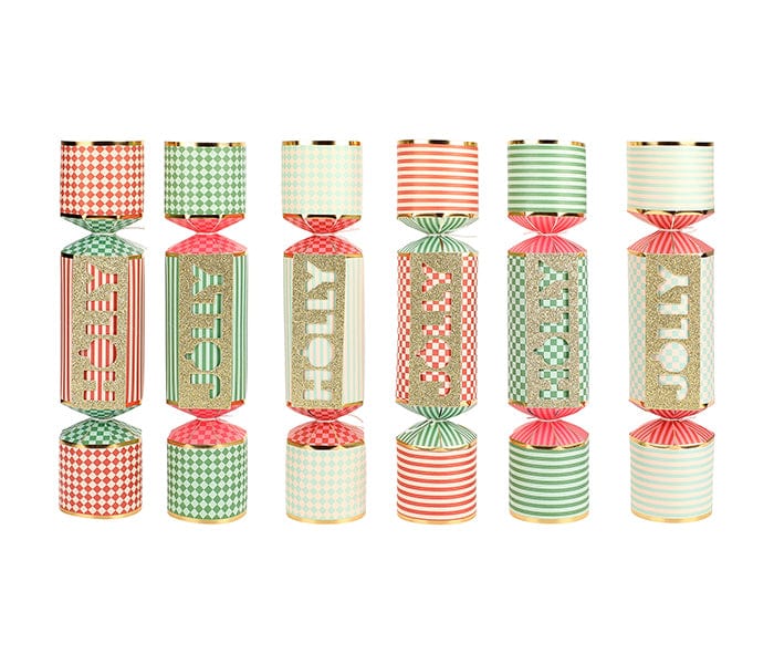 Holly Jolly Christmas crackers with gold foil and glitter detailing, set of 6