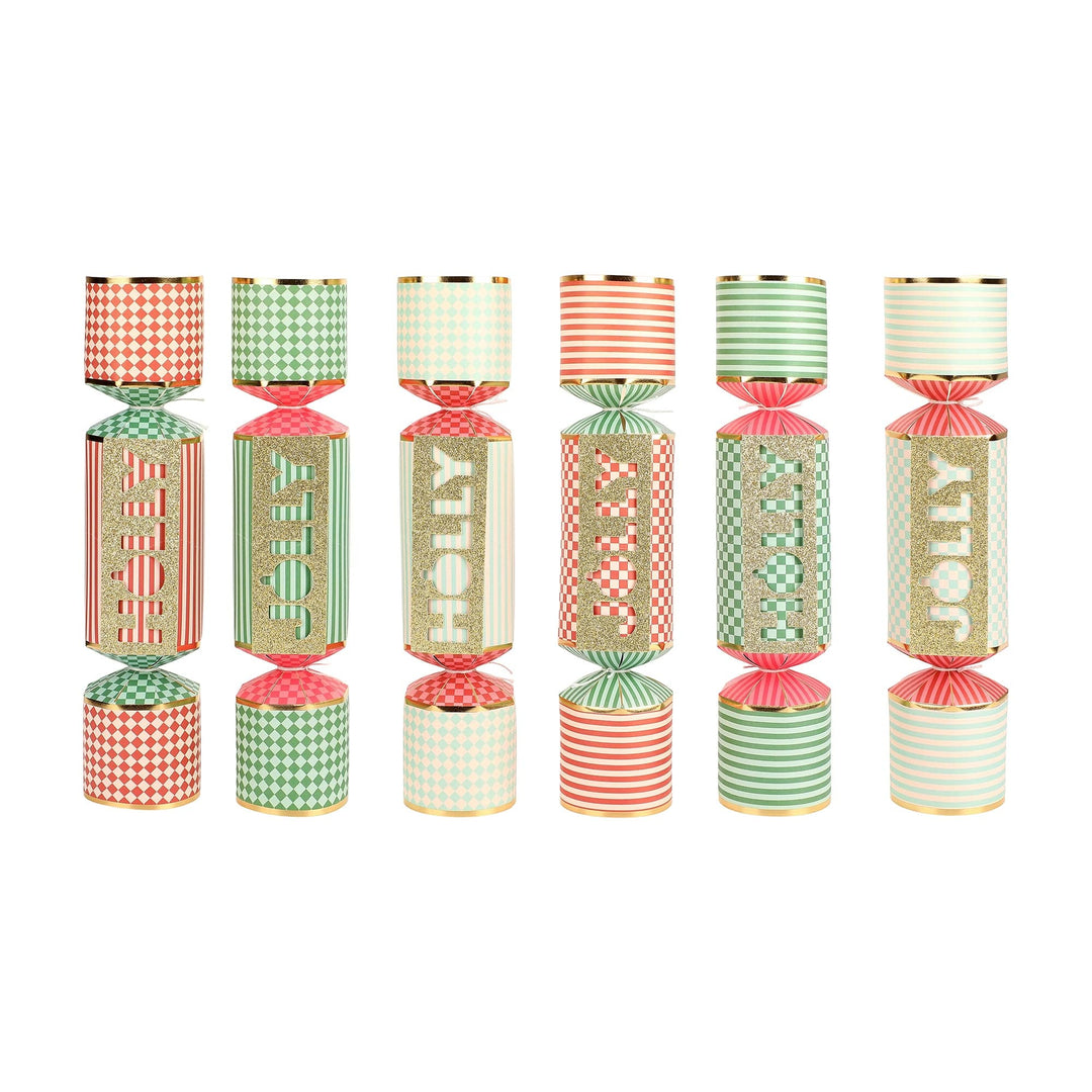 Holly Jolly Christmas crackers with gold foil and glitter detailing, set of 6