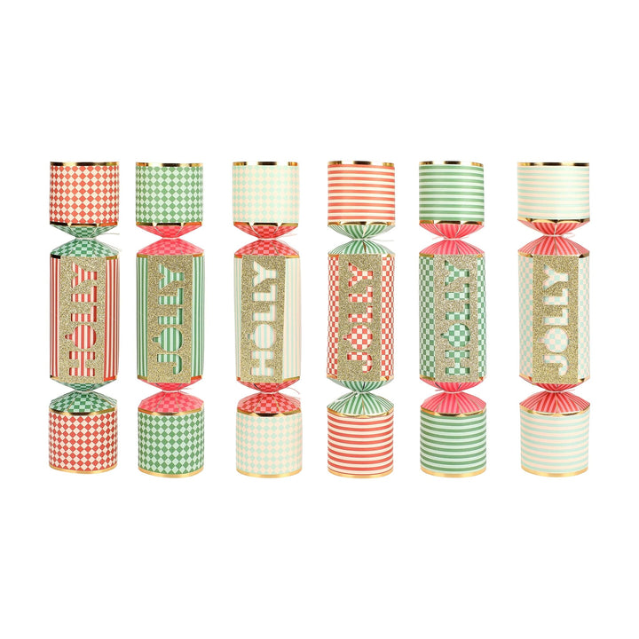 Holly Jolly Christmas crackers with gold foil and glitter detailing, set of 6