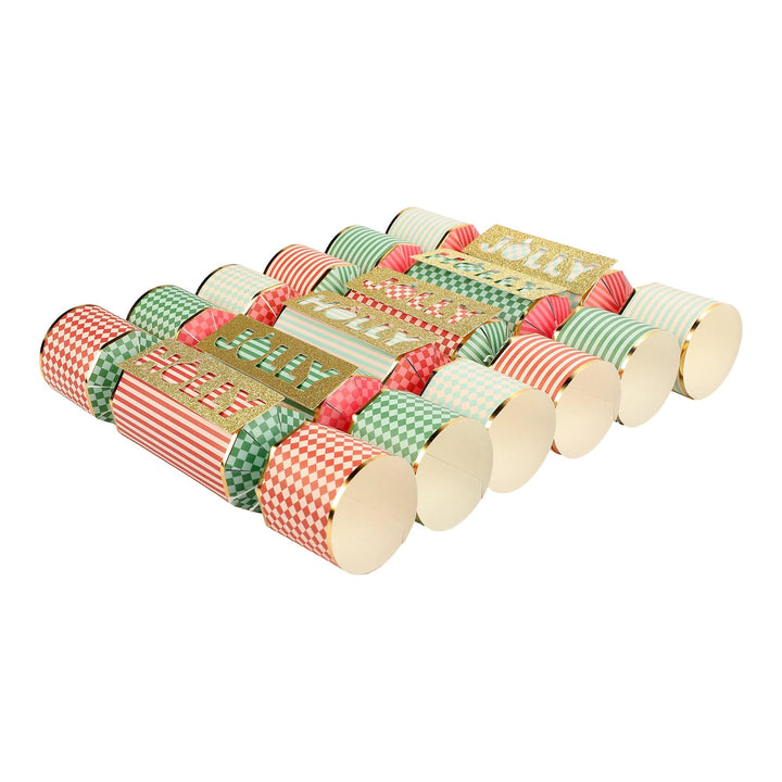 Holly Jolly Christmas crackers with gold foil and glitter detailing, set of 6