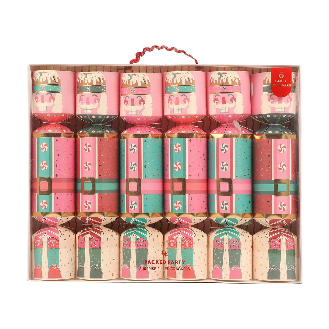 Set of 6 nutcracker holiday crackers filled with confetti, bells, and printed sayings