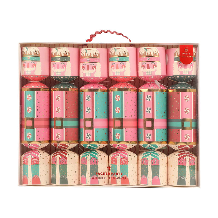 Set of 6 nutcracker holiday crackers filled with confetti, bells, and printed sayings