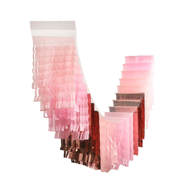 Pink fringe canopy banner with cascading fringe strands for ceilings and doorways