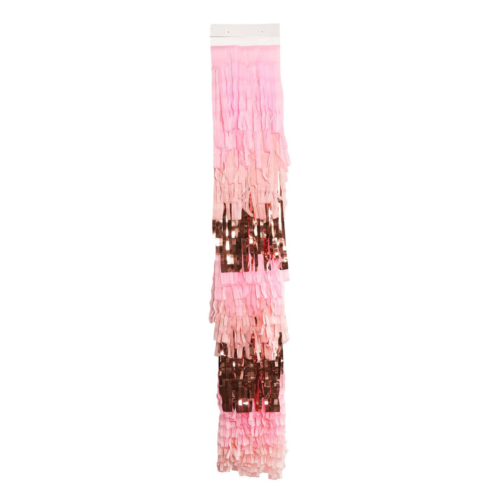 Reusable pink fringe banners for party backdrops and table skirts