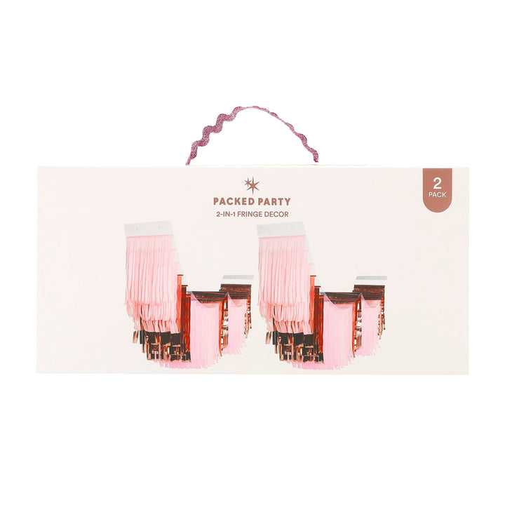 Reusable pink fringe banners for party backdrops and table skirts