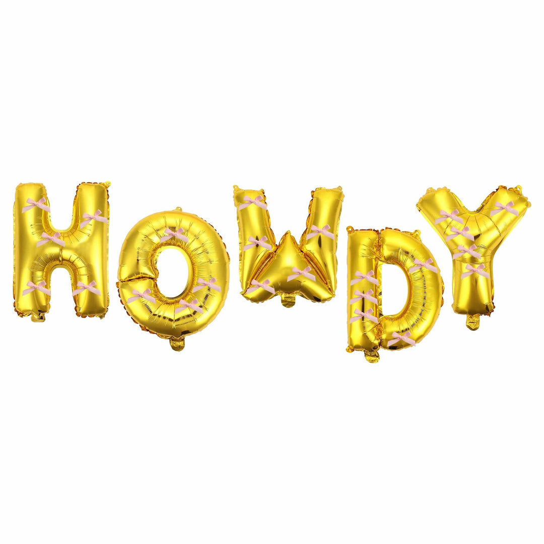 Howdy Darling balloon banner in gold letters with pink satin bows