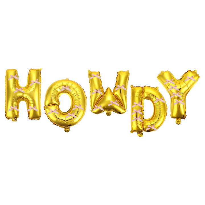 Howdy Darling balloon banner in gold letters with pink satin bows
