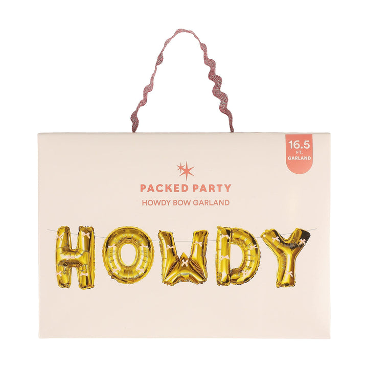 Gold balloon letter banner spelling Howdy Darling, tied with pink satin bows