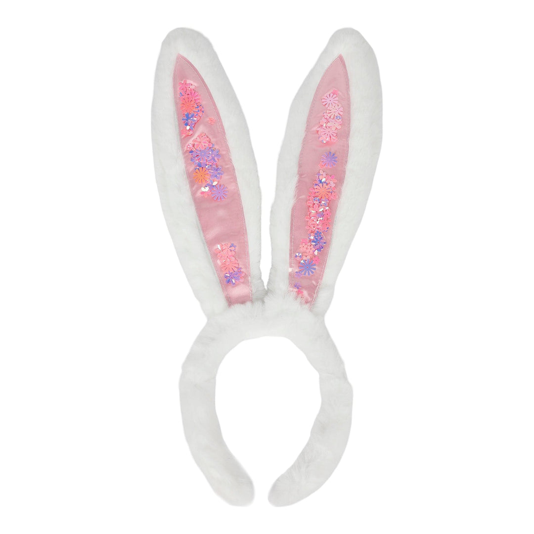 Plush white bunny ears headband with pastel confetti ears on a white background