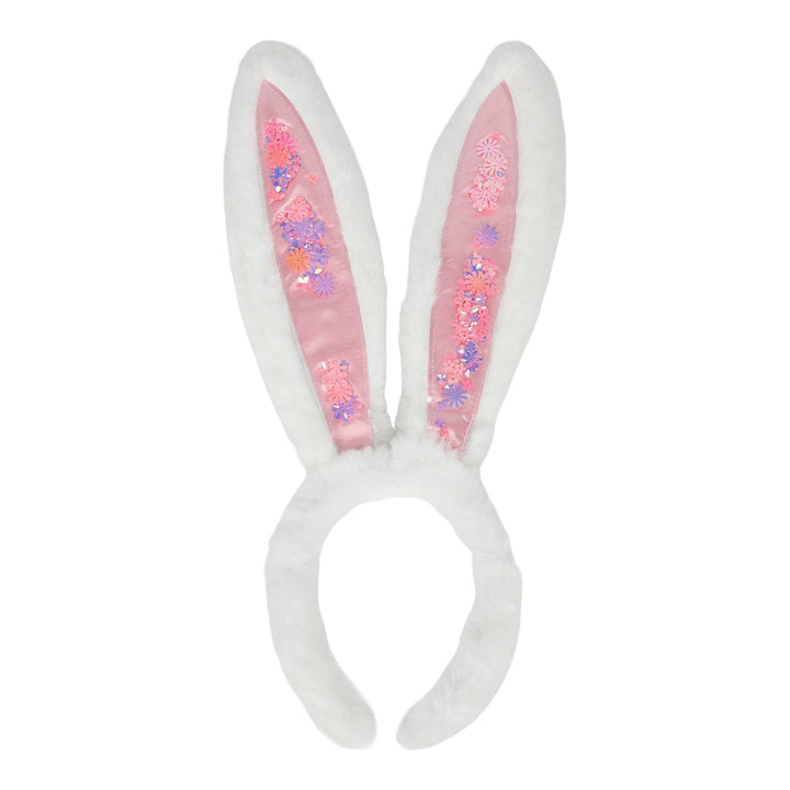 Plush white bunny ears headband with pastel confetti ears on a white background