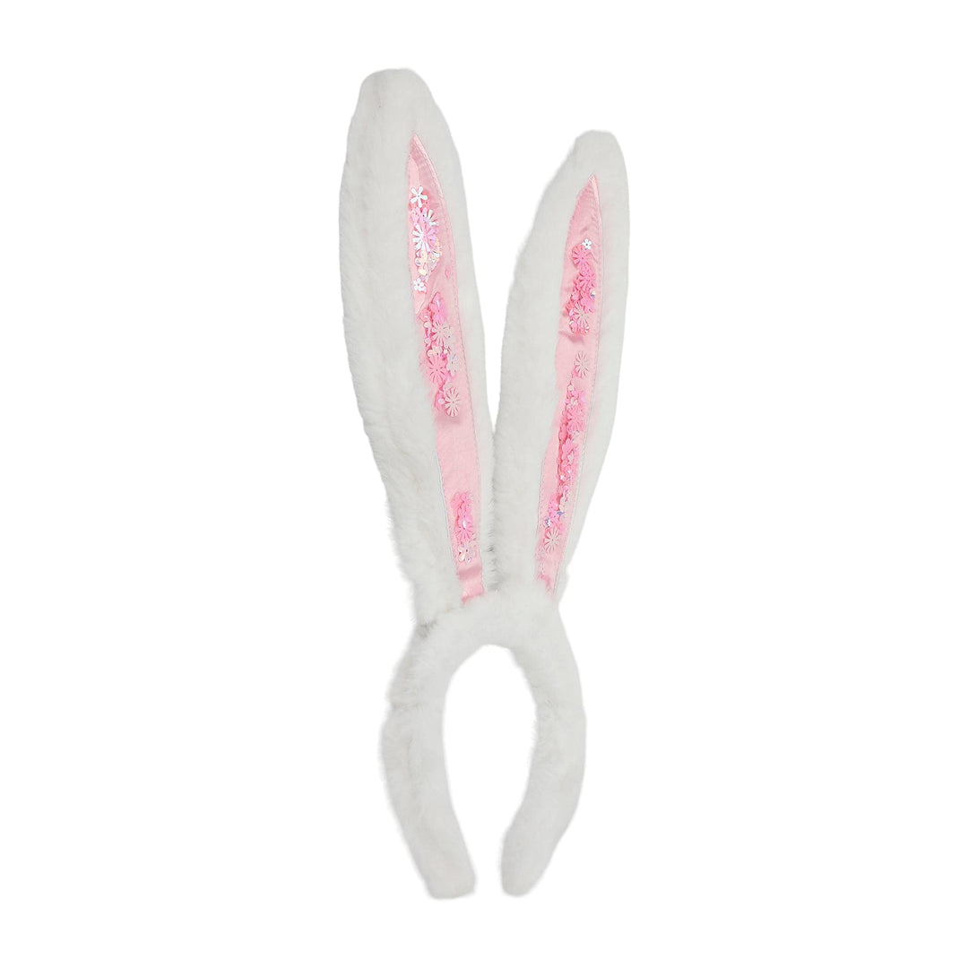 Plush bunny ears headband from the front with pink confetti panels