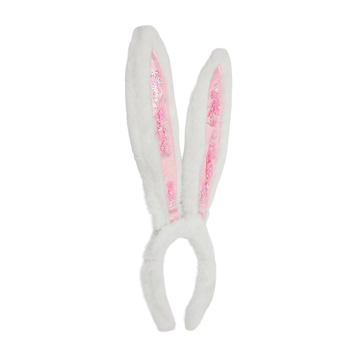 Plush bunny ears headband from the front with pink confetti panels