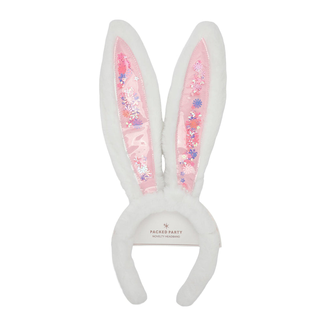 Plush bunny ears headband showing the Packed Party label on the band