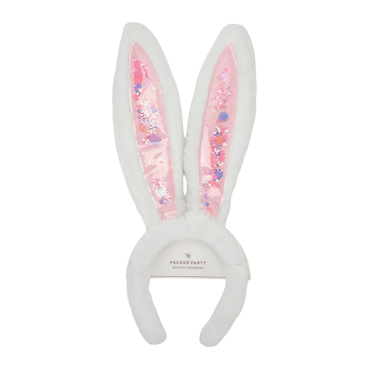 Plush bunny ears headband showing the Packed Party label on the band
