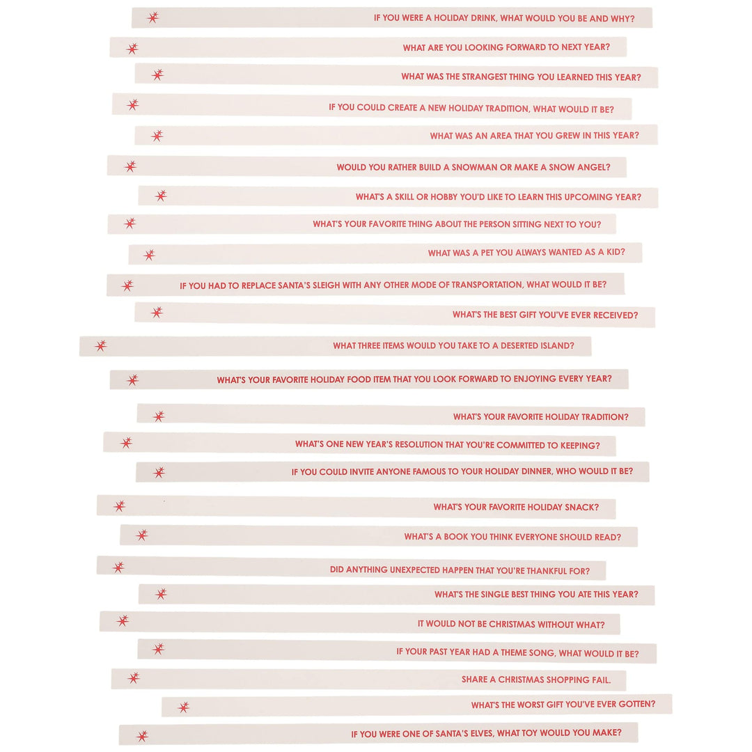 Rows of holiday conversation sticks laid out to show the printed questions
