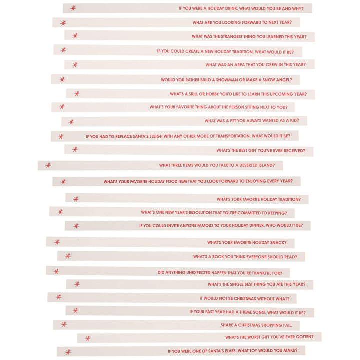 Rows of holiday conversation sticks laid out to show the printed questions