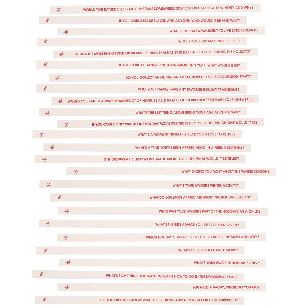 Second set of holiday conversation sticks laid out to show more questions