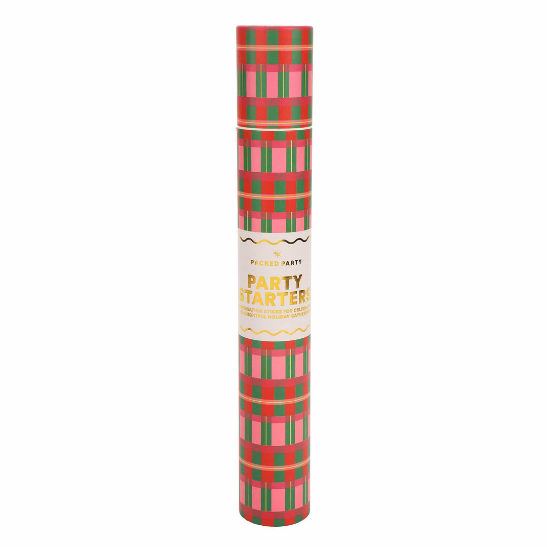 Holiday Party Starter conversation game in its tall pink and green plaid carrying tube