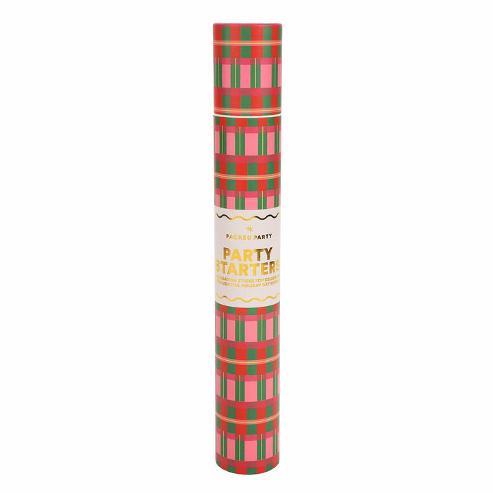Holiday Party Starter conversation game in its tall pink and green plaid carrying tube