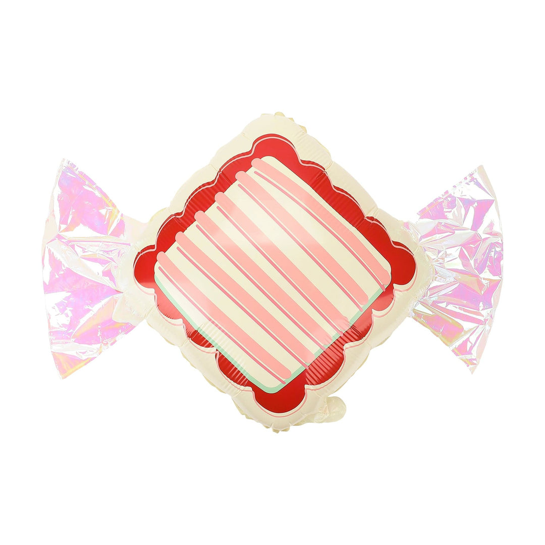 Six Valentine candy shaped balloons in heart, circle, and square with silver iridescent foil