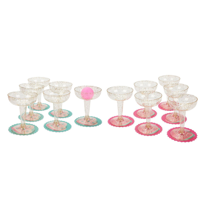 Champagne pong party game set with 12 coupes, 12 coasters, and 2 pink pong balls