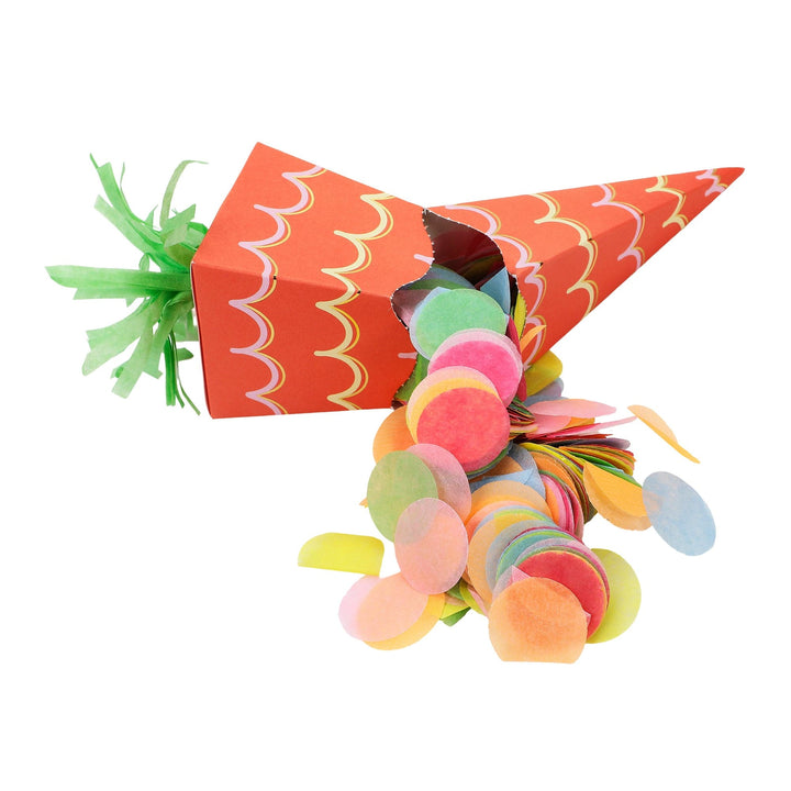 Six carrot shaped party crackers in three designs, 8 to 9 inches tall
