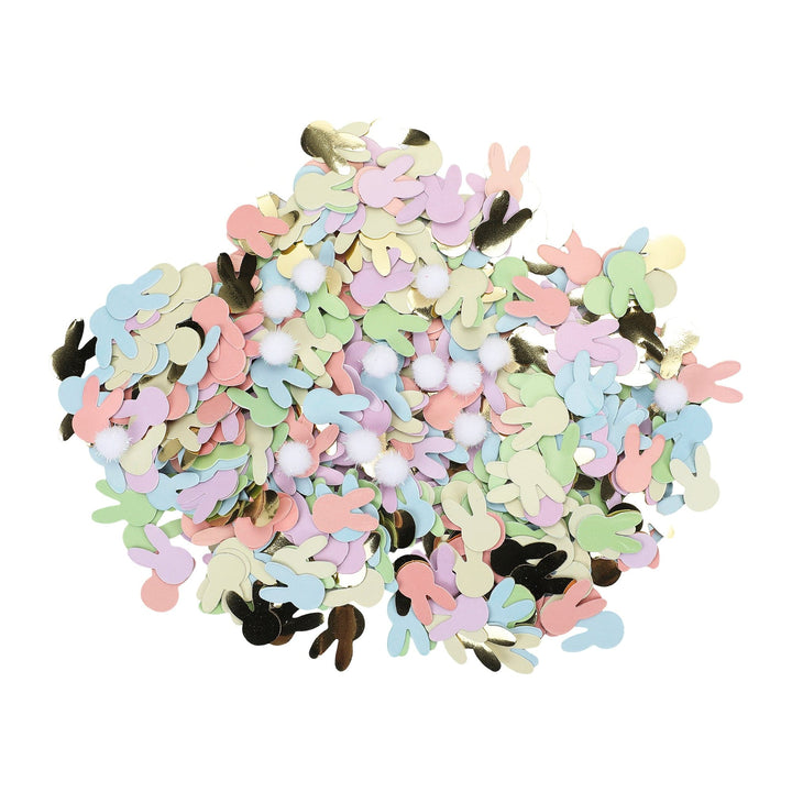 Pastel bunny confetti mixed with white pom poms for Easter tables and baskets