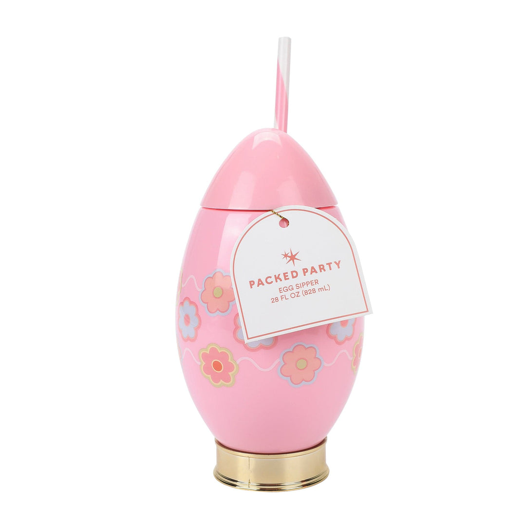 Pink Easter egg sipper with a Packed Party hang tag on a white background