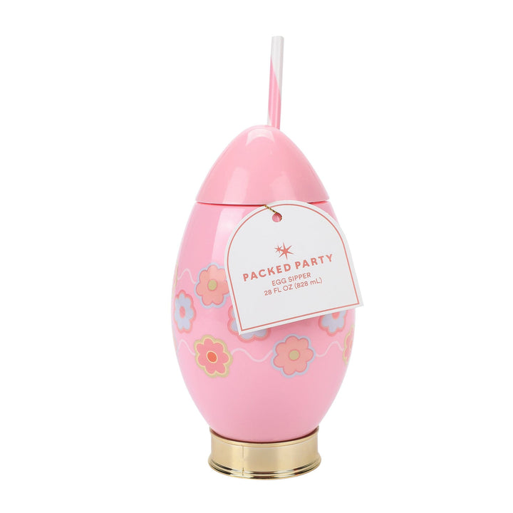 Pink Easter egg sipper with a Packed Party hang tag on a white background