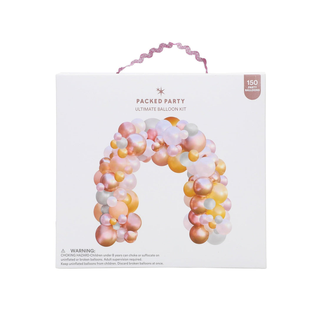 DIY metallic balloon arch kit with three balloon sizes, connector strip, and glue dots
