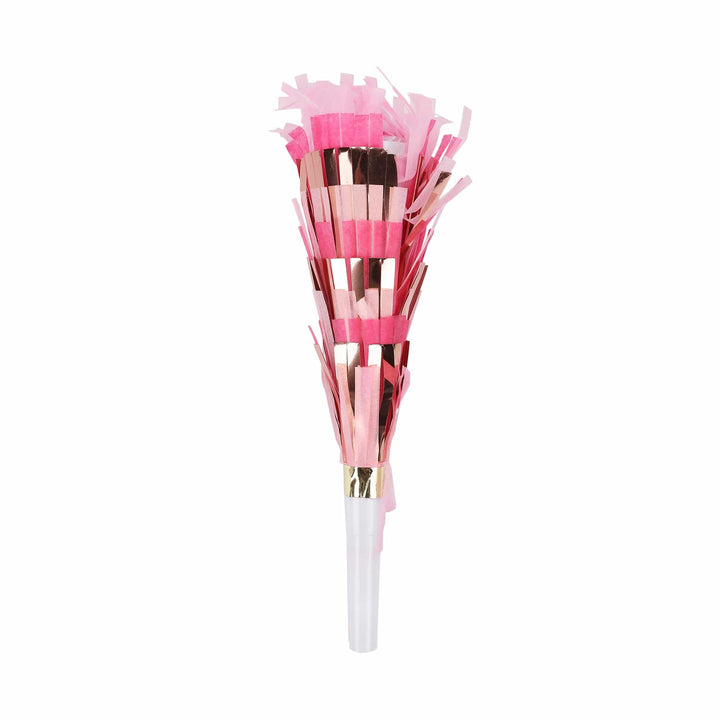 Pink party blower with layered tissue fringe and rainbow confetti, 8 inches tall