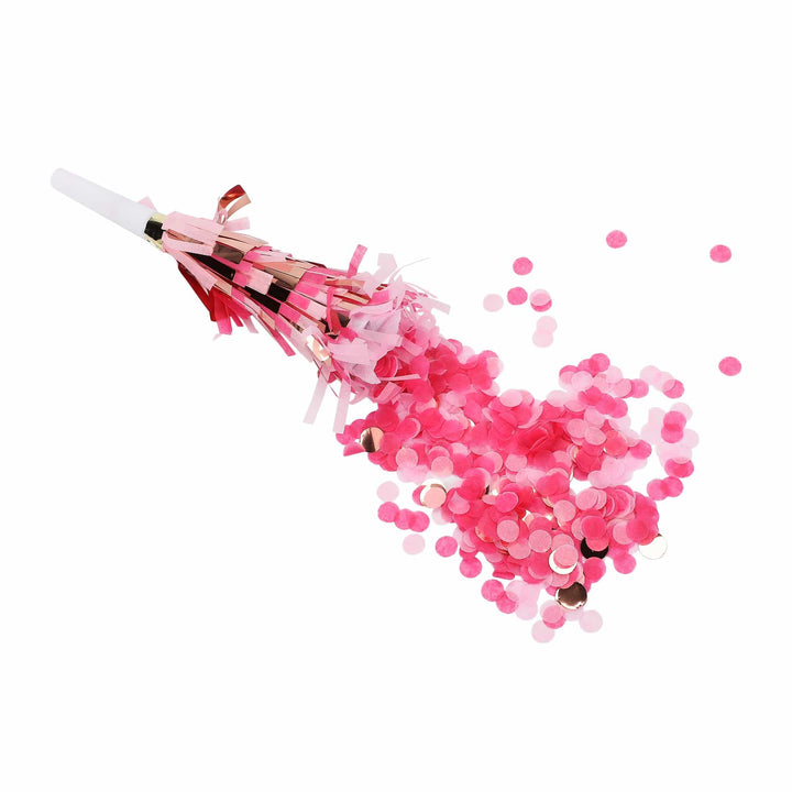 Pink party blower with layered tissue fringe and rainbow confetti, 8 inches tall