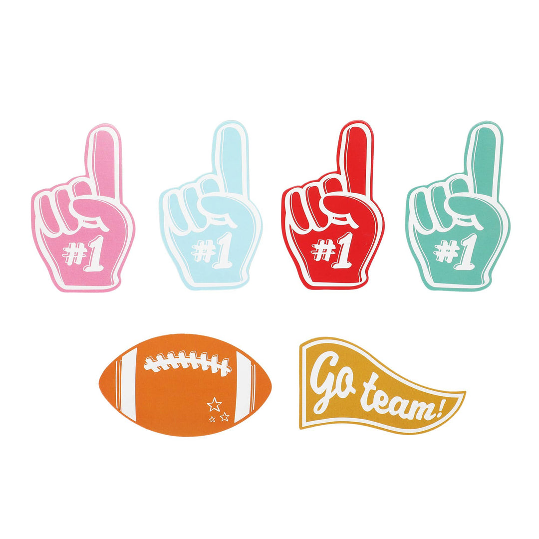 Six jumbo confetti shapes: four foam fingers, a football, and a Go team pennant