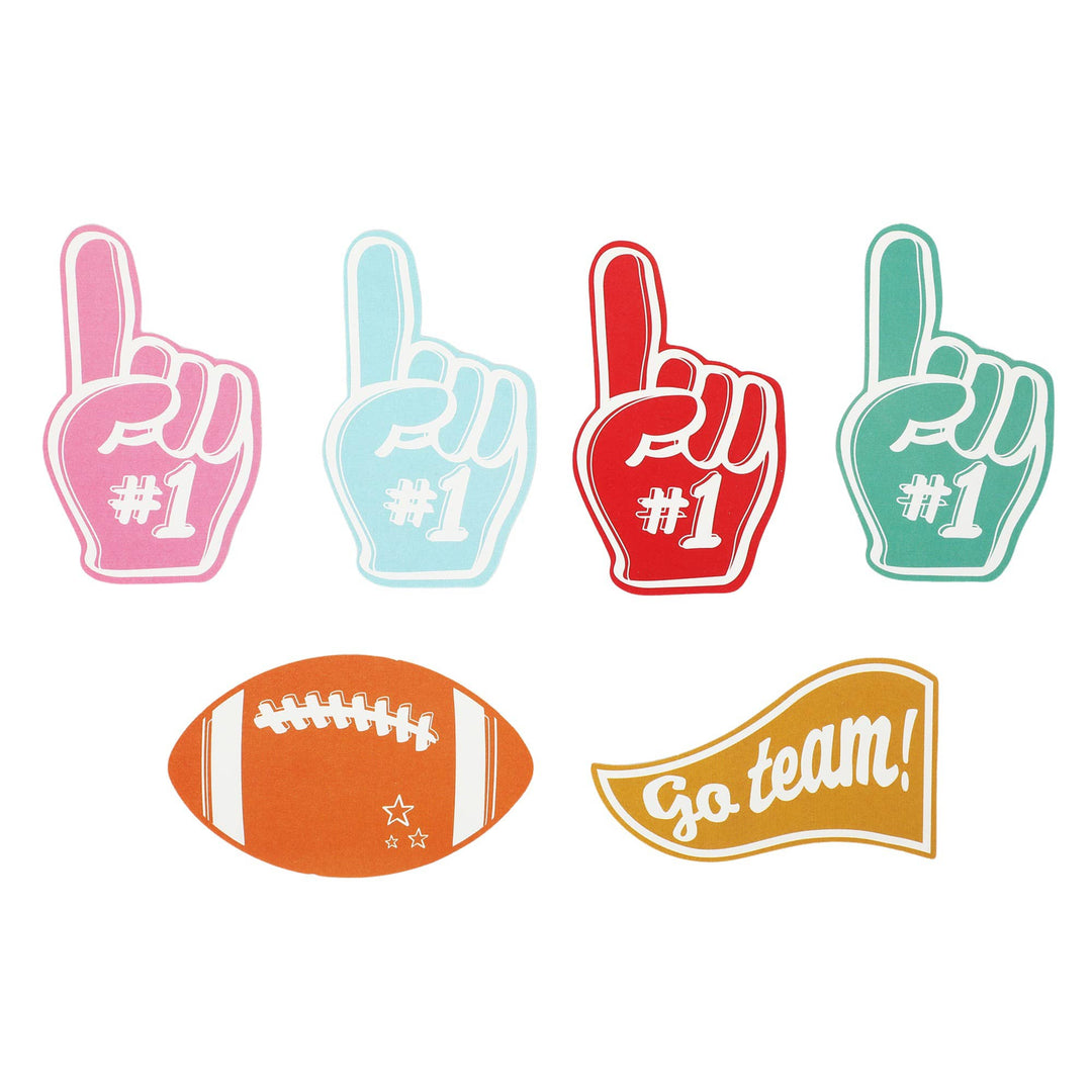 Jumbo game day confetti: foam fingers in pink, blue, red, and green, a football, and a Go team pennant