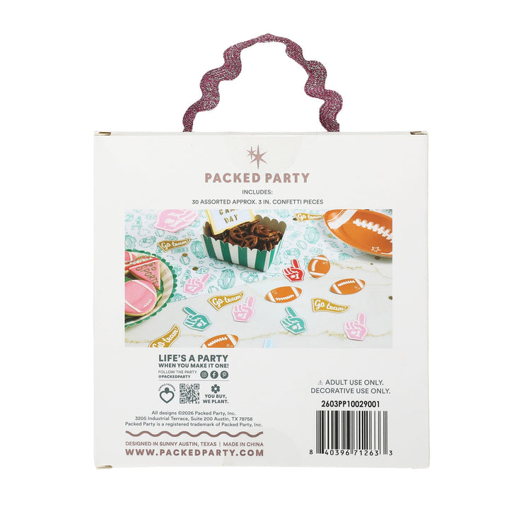 Back of the Packed Party jumbo confetti package with a styled table photo
