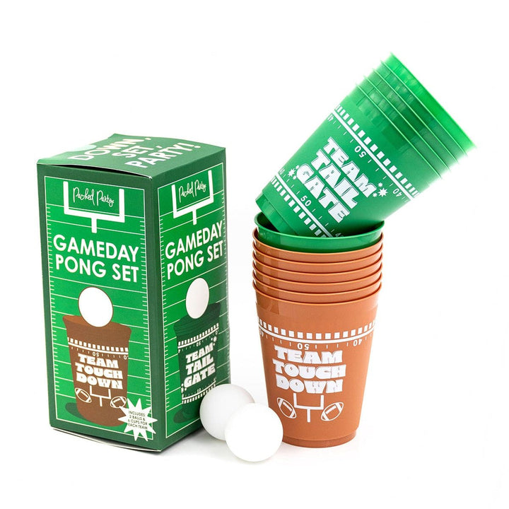 Gameday Party Pong Set box with green Team Tailgate and brown Team Touchdown cups and two balls