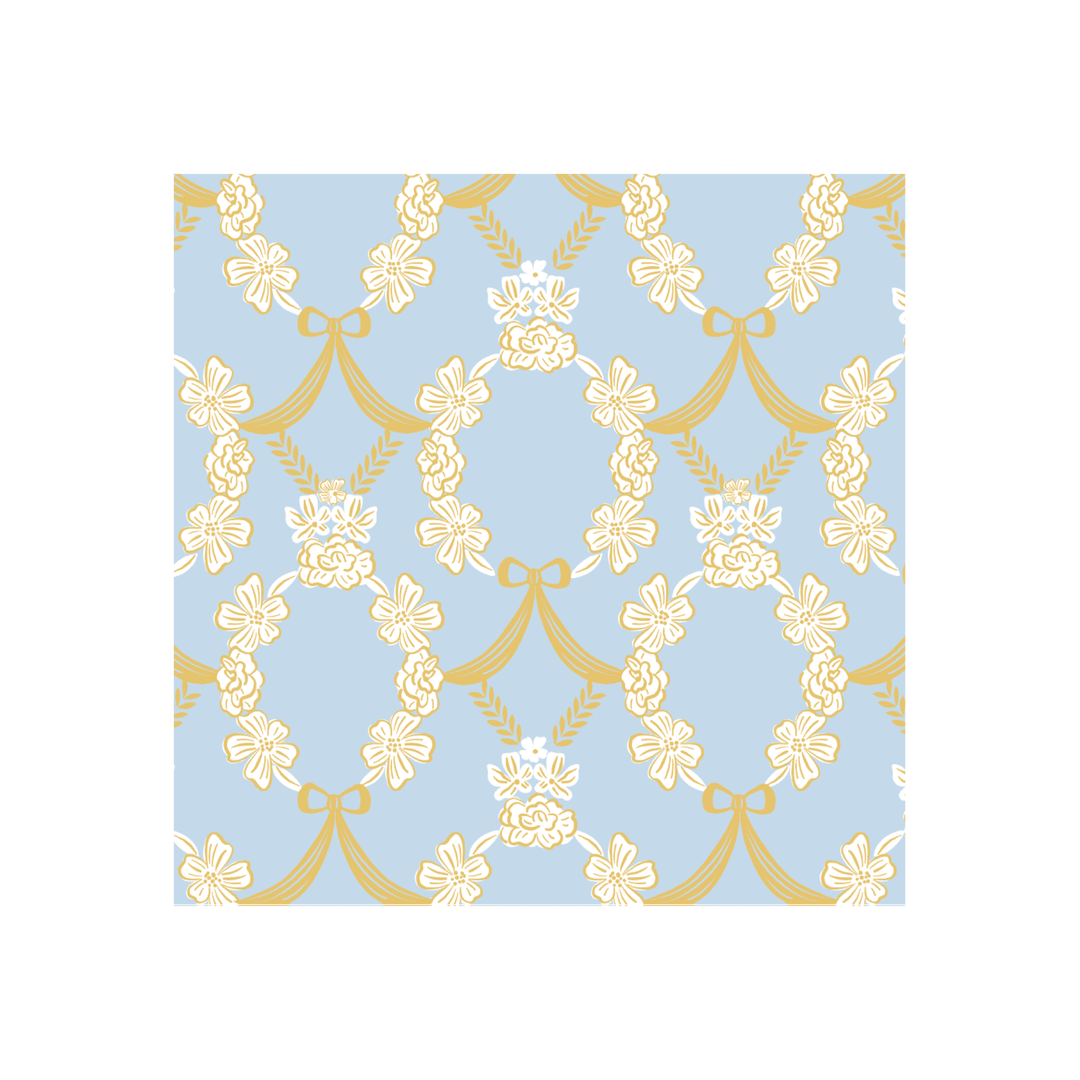 Pale blue dinner napkin with an ornate gold and cream damask of bows, floral wreaths, and swags