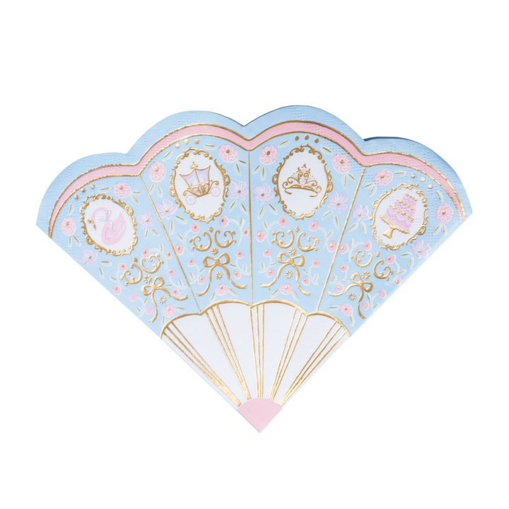 A decorative paper fan-shaped napkin with a light blue background, pink and gold foil details, and illustrations of princess-themed motifs including a tiara, swan, and castle.