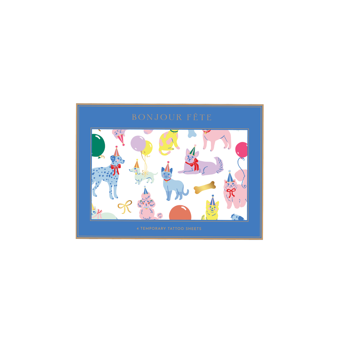 Party animals temporary tattoos with dogs and cats in party hats, balloons, and bows on a blue sheet for a kids party favor