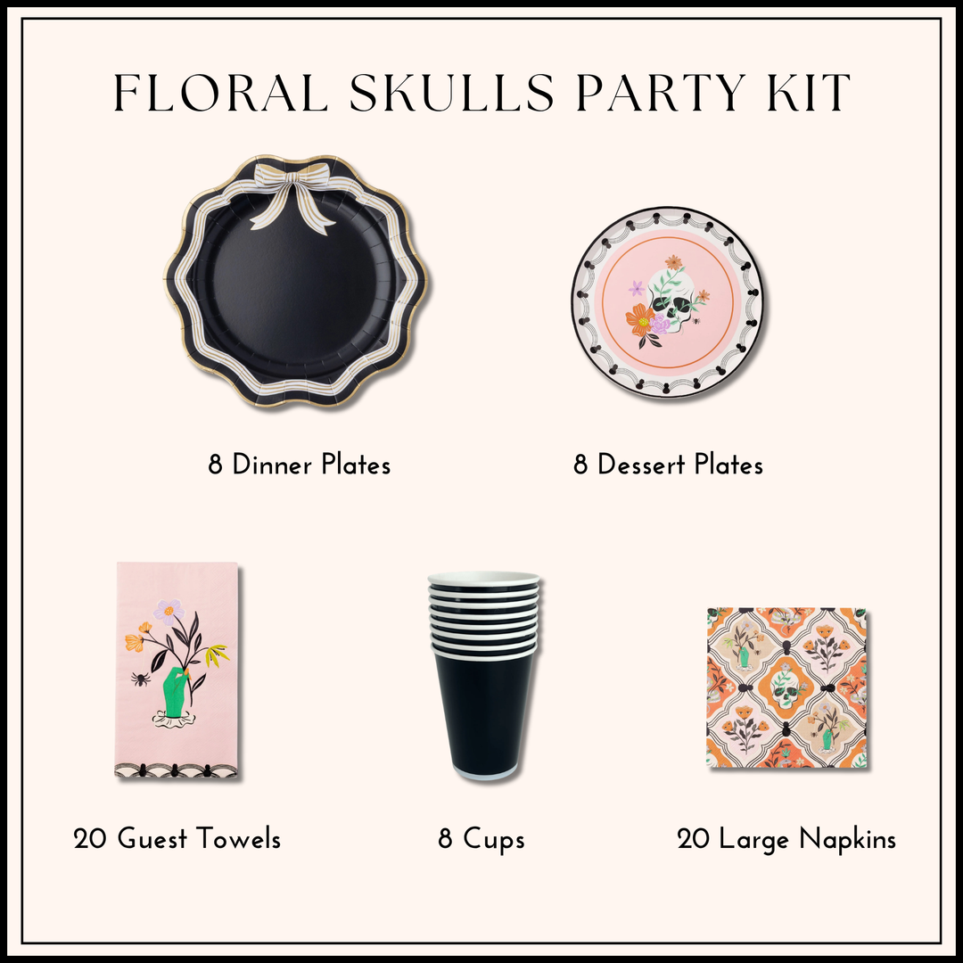 Floral skulls Halloween party kit with black bow dinner plates, skull dessert plates, napkins, and black cups