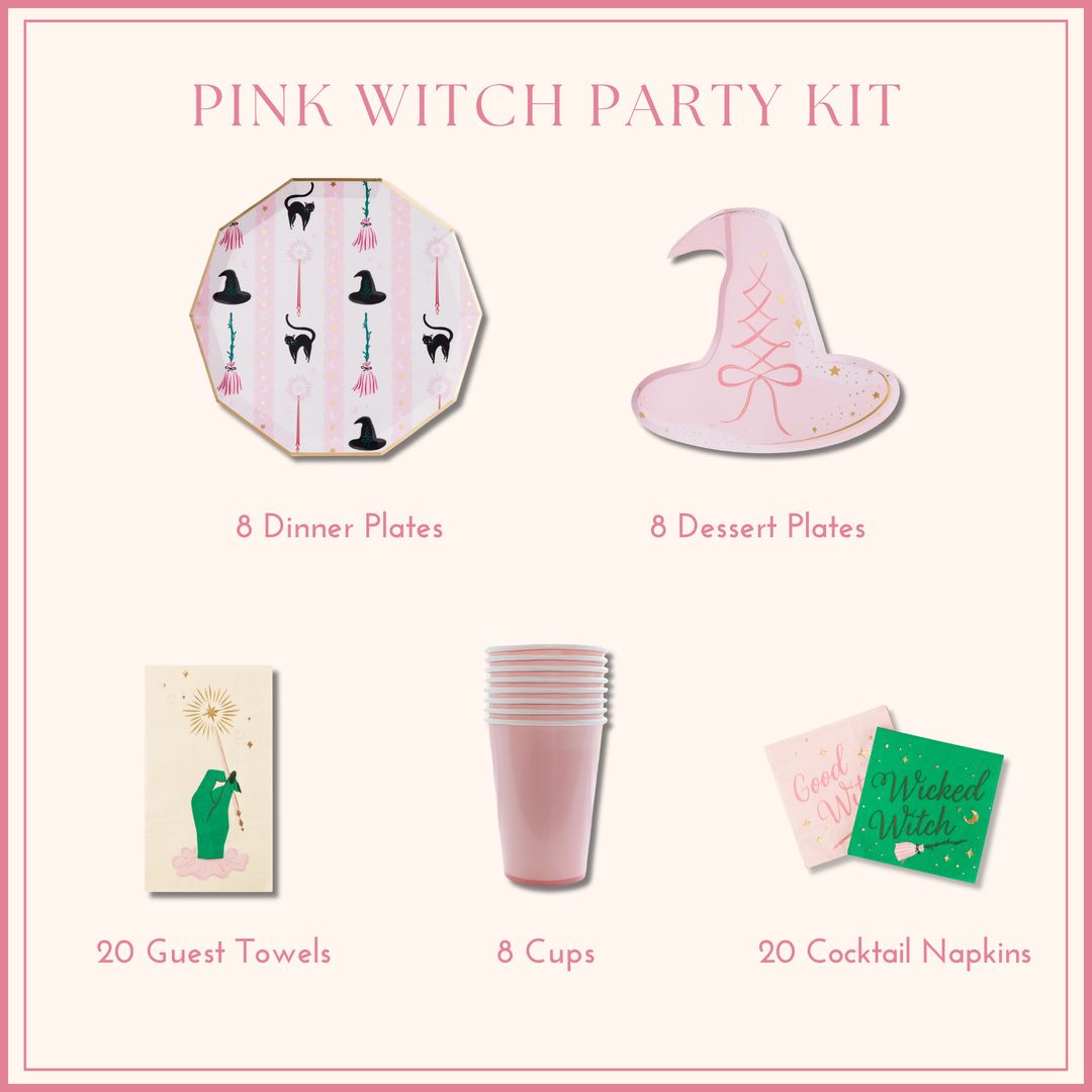 Pink witch Halloween party kit with die-cut witch hat plates, magic wand guest towels, napkins, and pink cups