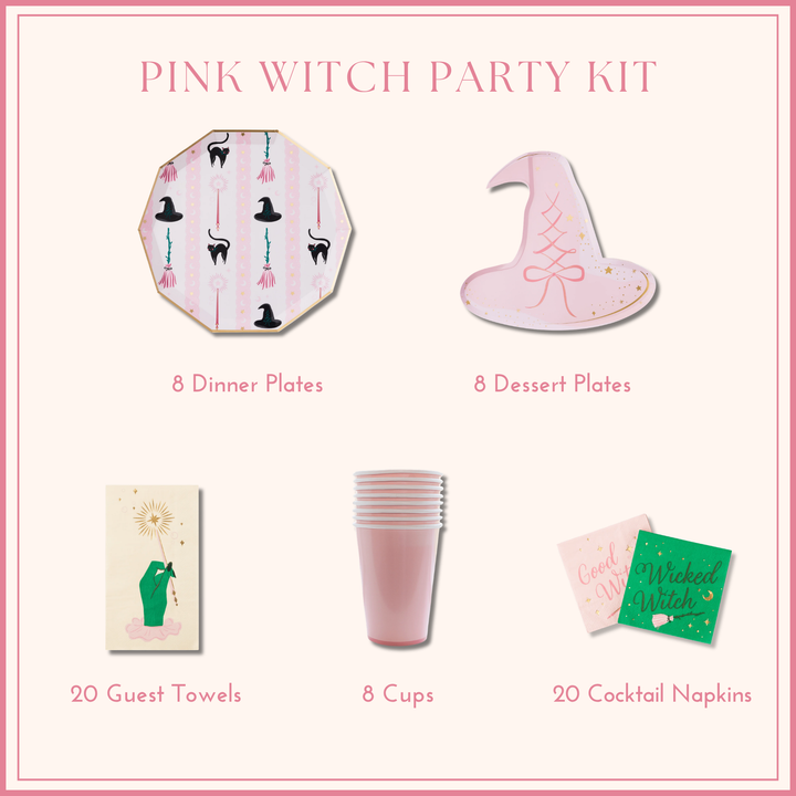 Pink witch Halloween party kit with die-cut witch hat plates, magic wand guest towels, napkins, and pink cups