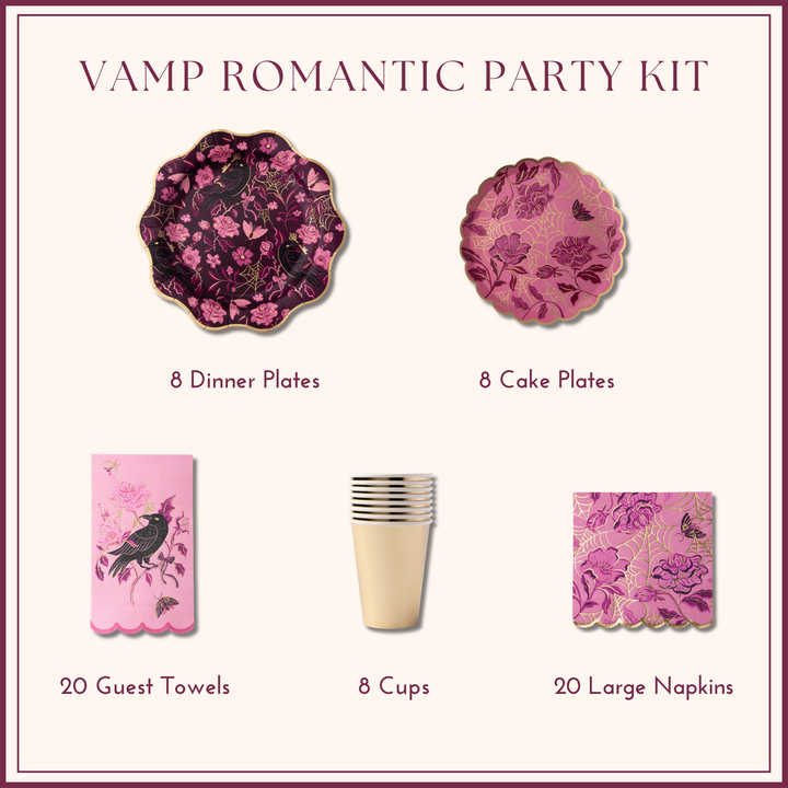 Vamp Romantic Halloween party kit in plum and gold with dinner plates, spider web cake plates, and napkins